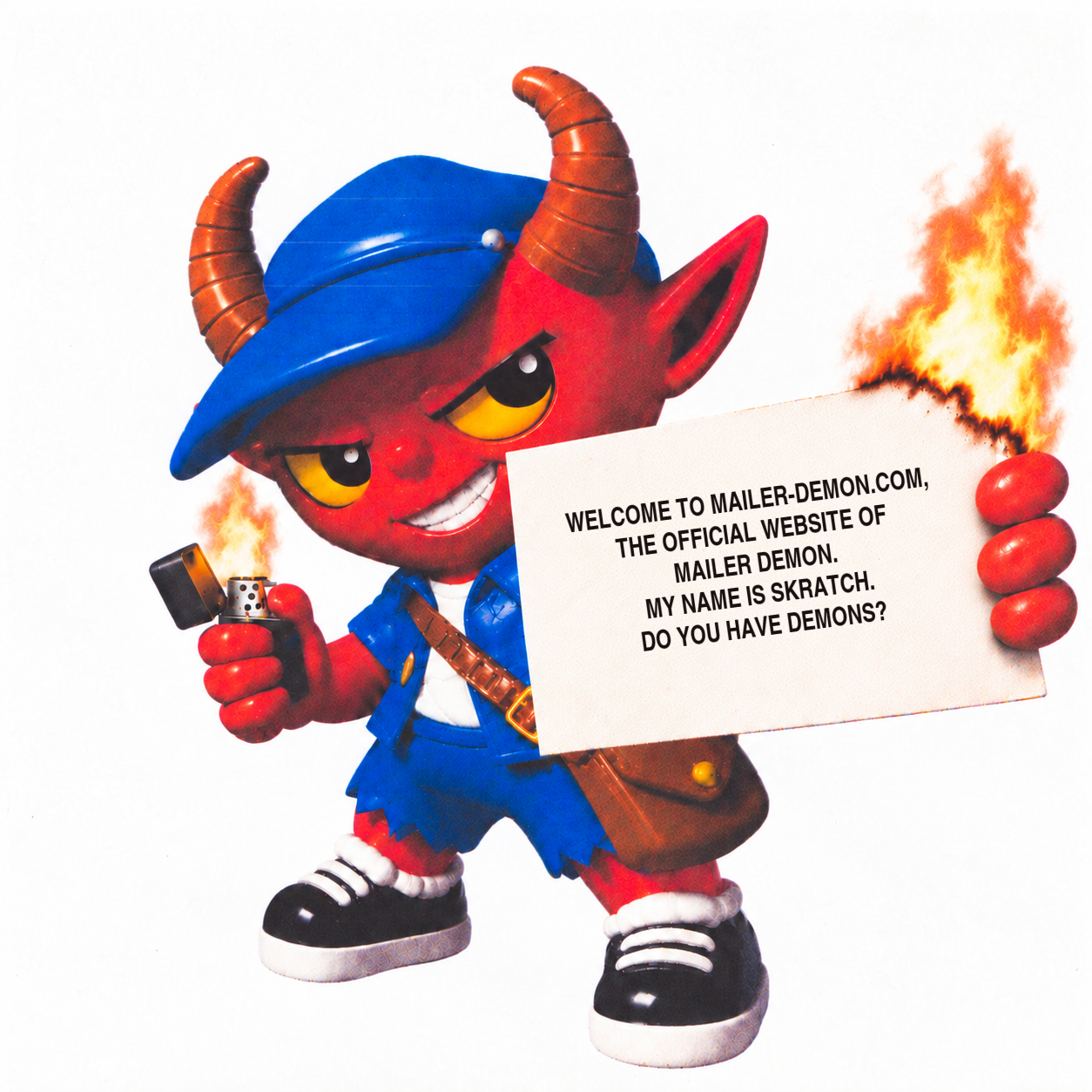 Mailer Demon postman holding a burning sign with the welcome message